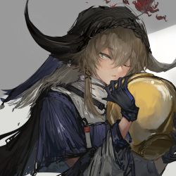 1girl ;o animal_ears arknights black_gloves blue_shirt blush brown_hair chinese_commentary commentary_request cow_ears cow_girl cow_horns flower gloves green_eyes highres holding holding_pot horns jacket long_sleeves looking_at_viewer naijiaer one_eye_closed open_clothes open_jacket open_mouth pallas_(arknights) pot red_flower red_rose rose shirt short_hair_with_long_locks sidelocks solo upper_body veil white_jacket