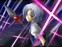 Rule 34 | 1girl, cape, cross, danmaku, dress, female focus, grey eyes, kioh gyoku, michiru (pink), muse (seihou), night, night sky, seihou, short hair, short sleeves, sky, smile, solo, torn cape, torn clothes, weapon