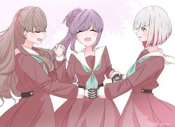 3girls :d ^_^ aqua_neckerchief black_gloves blush bob_cut brown_dress brown_hair closed_eyes collarbone commentary_request cowboy_shot diagonal_bangs dress flower fujishima_megumi gloves grey_hair hair_bun hair_flower hair_ornament half_gloves hasu_no_sora_school_uniform highres holding_hands interlocked_fingers inverted_bob link!_like!_love_live! long_hair long_sleeves looking_at_another love_live! momiji_(moj_0404) multiple_girls neckerchief open_mouth otomune_kozue pleated_dress red_flower red_hair sailor_collar sailor_dress school_uniform short_hair side_ponytail single_side_bun smile star_(symbol) star_hair_ornament translation_request two_side_up virtual_graduation_commemoration virtual_youtuber white_sailor_collar winter_uniform yugiri_tsuzuri