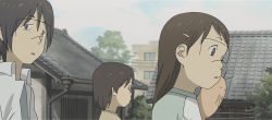 00s 1boy 1other 2girls black_hair brown_hair cloud collared_shirt creature creature_on_shoulder day dennou_coil glasses goggles hair_ornament hairclip harakawa_ken&#039;ichi hashimoto_fumie highres house long_hair looking_away multiple_girls okonogi_yuuko on_shoulder outdoors oyaji_(dennou_coil) parted_lips raglan_sleeves roof shirt short_hair sky standing tree upper_body white_shirt