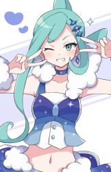 Rule 34 | 1girl, ;d, absurdres, arm warmers, blue choker, blush, choker, crop top, diamond earrings, double inward v, double v, earrings, fang, green eyes, green hair, hair ornament, heart, highres, jewelry, lisia (pokemon), looking at viewer, midriff, navel, nintendo, one eye closed, open mouth, piyo to game, pokemon, pokemon oras, smile, solo, teeth, upper body, v