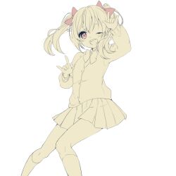 Rule 34 | 1girl, ;d, arm up, blush, bow, cardigan, collared shirt, feet out of frame, hair between eyes, hair bow, kneehighs, knees together feet apart, long hair, looking at viewer, love live!, love live! school idol project, monochrome, nico nico nii, one eye closed, open mouth, pleated skirt, red bow, red eyes, rinndouk, shirt, simple background, skirt, smile, socks, solo, spot color, teeth, twintails, upper teeth only, white background, yazawa nico