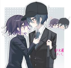 ! 2boys bandaid bandaid_on_cheek bandaid_on_face baseball_cap black_hair black_jacket blush brown_eyes buttons chibi collared_jacket collared_shirt commentary_request danganronpa_(series) danganronpa_v3:_killing_harmony flipped_hair gakuran hair_between_eyes hat highres jacket k_(k8515723858516) light_blush long_sleeves lower_eyelashes_only male_focus multiple_boys oma_kokichi outline profile purple_eyes purple_hair saihara_shuichi school_uniform shirt short_hair simple_background smile sweatdrop upper_body white_outline yaoi