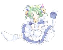 1girl ahoge animal_hat apron bell blue_dress blue_tail cat_hat cat_tail dejiko di_gi_charat dot_nose dress green_hair hair_bell hair_ornament hat neck_bell simple_background solo spread_legs tail waywardmoonn white_apron white_background