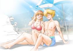 1girl 4boys bare_arms bare_legs bare_shoulders beach beach_umbrella bikini blonde_hair blue_eyes breasts character_request cyborg_009 closed_eyes francoise_arnoul hairband highres looking_at_another marine_day multiple_boys one_eye_closed open_mouth shimamura_joe short_hair sitting smile swimsuit taki_reki umbrella