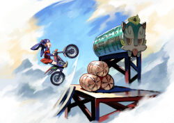 Rule 34 | 1girl, artist request, black hair, dirtbike, full body, hair rings, highres, japanese clothes, kimono, mizura, motor vehicle, motorcycle, open mouth, ramp, red kimono, sakuna-hime, sandals, second-party source, sky, smile, stunt, tama-jii, tensui no sakuna-hime