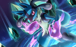 1other closed_mouth commentary_request creatures_(company) crystal dutch_angle feet_out_of_frame furry game_freak gen_4_pokemon light_particles looking_at_viewer lucario magic nintendo pokemon pokemon_(creature) pool red_eyes ripples solo standing wading water yutori3218