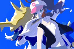baseball_cap black_vest blue_background brown_hair creatures_(company) game_freak gen_5_pokemon green_eyes harumomo_(@harumomo123456) hat hilda_(pokemon) nintendo pokemon pokemon_(creature) pokemon_bw ponytail samurott shirt vest white_headwear white_shirt