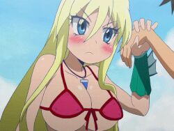 1boy 1girl animated animated_gif between_breasts bikini bikini_top_only black_hair blonde_hair blue_eyes blush breasts fuji-san head_between_breasts jewelry large_breasts long_hair mermaid monster_girl mukoujima_takurou namiuchigiwa_no_muromi-san necklace tagme