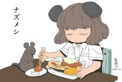 1girl animal_ears chopsticks closed_eyes commentary_request dated food grey_hair holding holding_chopsticks mouse_(animal) mouse_ears mouse_girl mouse_tail nazrin omelet onikobe_rin potato shirt short_hair short_sleeves simple_background solo table tail tamagoyaki touhou translation_request upper_body white_background white_shirt
