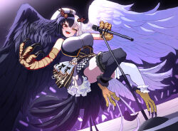1girl asymmetrical_wings beret black_hair black_souls black_souls_2 black_thighhighs black_wings breasts checkered_clothes checkered_skirt claws feathered_wings feathers frilled_thighhighs frills full_body gensou_roukaku hair_wings half-harpy hat heterochromia holding holding_microphone idol jubjub_(black_souls) large_breasts long_hair looking_at_viewer microphone microphone_stand mismatched_wings monster_girl multicolored_hair open_mouth red_eyes shirt sidelocks skirt smile solo split-color_hair talons thighhighs very_long_hair white_hat white_shirt white_thighhighs wings yellow_eyes