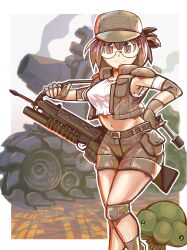 1girl assault_rifle border brown_eyes brown_hair brown_jacket brown_shorts caterpillar_tracks closed_mouth commentary crop_top fio_germi grenade_launcher grey_background gun highres holding holding_gun holding_weapon jacket knee_pads looking_at_viewer m16 m16a2 m203 mars_people metal_slug midriff military military_vehicle motor_vehicle navel phlogiston_drow pocket revision rifle shirt short_hair shorts smile solo sunglasses sv001_(metal_slug) tank underbarrel_grenade_launcher weapon white_border white_shirt