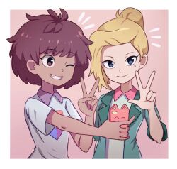 2girls amphibia anne_boonchuy blonde_hair blue_eyes brown_eyes brown_hair cellphone dark_skin grin highres holding holding_phone jacket junsui_(omori0310) mole mole_under_eye multiple_girls one_eye_closed phone ponytail sasha_waybright school_uniform selfie short_hair sjms_school_uniform smartphone smile teeth upper_body v w