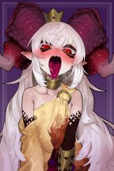 1girl absurdres blush crown ekrea_jan facial_tattoo highres horns long_tongue looking_at_viewer maou-chan_(ekrea_jan) nose_blush original pointy_ears red_eyes sharp_teeth tattoo teeth tongue tongue_out upper_teeth_only white_hair