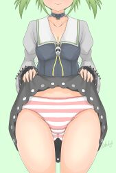 1girl absurdres boots breasts choker closed_mouth commission droite_(tales) eyes_out_of_frame green_background green_hair head_out_of_frame highres medium_breasts panties pink_stripes short_hair shu~~n signature simple_background skull_brooch smile solo standing striped_clothes striped_panties tales_of_(series) tales_of_vesperia thigh_boots thighhighs twintails underwear upskirt white_stripes