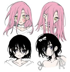 Rule 34 | 2girls, alien stage, black hair, bob cut, bow, bruise, bruise on face, choker, cropped shoulders, grey eyes, hair between eyes, hair bow, hair over one eye, highres, injury, long hair, long hair between eyes, medium hair, mizi (alien stage), multiple girls, pink hair, sea foam, short hair, smile, sua (alien stage), white bow, white choker, wolf cut, yellow eyes
