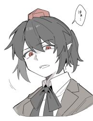 1girl alternate_hairstyle black_bow black_bowtie black_hair bow bowtie brown_jacket collared_shirt commentary_request hat jacket looking_at_viewer open_clothes open_jacket open_mouth pointy_ears ponytail red_eyes red_hat sakic43899 shameimaru_aya shameimaru_aya_(newsboy) shirt short_hair solo speech_bubble tokin_hat touhou translation_request white_shirt