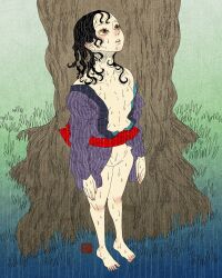 1girl absurdres artist_logo barefoot black_hair breasts brown_eyes collarbone commentary english_commentary full_body highres japanese_clothes kimono logo looking_up no_panties obi original parted_lips purple_kimono rain red_sash sash sei5osuzuki small_breasts solo standing tree wet