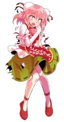 1girl bandaged_arm bandages breasts bun_cover commentary dairi double_bun flower full_body green_skirt hair_between_eyes hair_bun hand_up ibaraki_kasen large_variant_set looking_at_viewer medium_breasts medium_hair open_mouth pink_eyes pink_flower pink_hair print_tabard puffy_short_sleeves puffy_sleeves red_ribbon red_shoes red_tabard ribbon shirt shoes short_sleeves skirt solo standing sweatdrop tabard tachi-e thighs torn_clothes torn_shirt torn_skirt torn_tabard touhou variant_set white_shirt