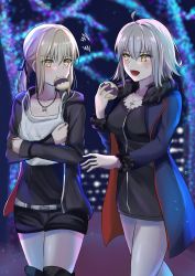 2girls artoria_pendragon_(fate) bare_legs belt blush boots breasts collarbone eating eyebrows_hidden_by_hair fate/grand_order fate/stay_night fate_(series) food grey_hair hair_ribbon highres holding holding_food jacket jeanne_d&#039;arc_(fate) jeanne_d&#039;arc_alter_(avenger)_(fate) jeanne_d&#039;arc_alter_(fate) jeanne_d&#039;arc_alter_(ver._shinjuku_1999)_(fate) long_hair looking_at_another mouth_hold multiple_girls neck night night_sky official_alternate_costume open_mouth ponytail ribbon saber_alter saber_alter_(ver._shinjuku_1999) saber_alter_(ver._shinjuku_1999)_(fate) shirt short_hair shorts sii_artatm skirt sky smile wicked_dragon_witch_ver._shinjuku_1999 yellow_eyes