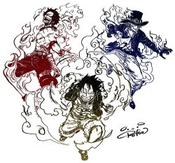 3boys ascot bracelet brothers clenched_teeth coat commentary_request elbow_pads fire freckles full_body hat hat_over_one_eye highres incoming_attack jewelry looking_at_viewer male_focus monkey_d._luffy multiple_boys one_piece portgas_d._ace rofta_55 sabo_(one_piece) sandals scar scar_on_chest scar_on_face shorts siblings signature simple_background single_elbow_pad straw_hat teeth