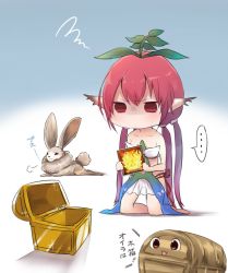 ... 10s 1girl animal bare_arms chibi collarbone dress female_focus gradient_background granblue_fantasy hair_between_eyes kneeling leaf long_hair low_quad_tails monster_girl pink_hair plant_girl pointy_ears puff_of_air quad_tails rabbit red_eyes shadow solo sparkle spoken_ellipsis squiggle sukemyon translated treasure_chest upset very_long_hair vyrn_(granblue_fantasy) yggdrasil_(granblue_fantasy)