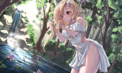1girl blonde_hair blush breasts bug character_request closed_mouth commentary commission dress elf english_commentary flower forest frills hair_brush hair_over_one_eye heterochromia highres holding holding_hair_brush hololive horns komori lily_pad nature pointy_ears scenery shiny_skin side_slit virtual_youtuber water waterfall white_dress