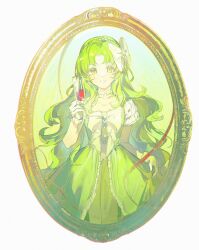 1girl absurdres bow commentary cup curtained_hair dress drinking_glass eien_galaxy_ko eiyuu_densetsu gem green_dress green_gemstone green_hair hajimari_no_kiseki highres holding holding_cup kea_(eiyuu_densetsu) long_hair portrait_(object) smile solo wavy_hair white_bow yellow_eyes