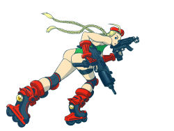 1girl ahoge antenna_hair ass asymmetrical_dual_wielding beret blonde_hair blue_eyes braid cammy_white capcom dual_wielding female_focus fingerless_gloves from_behind gloves gun gunspike hat holding huge_ahoge inline_skates johnny_olm knee_pads leotard long_hair machine_pistol personal_defense_weapon red_hat roller_skates scar skates skorpion_vz._61 solo street_fighter submachine_gun thigh_strap thong_leotard toned toned_female trigger_discipline twin_braids uzi weapon
