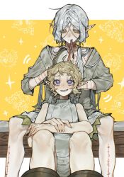 1boy 1girl alternate_hairstyle arm_tattoo arms_on_knees bags_under_eyes blonde_hair brushing_another&#039;s_hair brushing_hair chest_tattoo dungeon_meshi elf fleki green_eyes grey_hair hair_around_ear hair_brush hair_tubes highres holding holding_hair_brush knees_up long_hair looking_at_another low_twintails lycion mouth_hold notched_ear nova_1810 official_alternate_costume pointy_ears purple_eyes ribbon ribbon_in_mouth short_hair sitting sitting_between_lap sleeveless tattoo topless_male tunic twintails wavy_hair