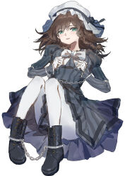 1girl absurdres ankle_cuffs black_boots black_dress bonnet boots bound_ankles bow braid breasts brown_hair chain charlotte_corday_(fate) chinese_commentary commentary_request cuffs dress dress_bow fate/grand_order fate_(series) gloves green_eyes handcuffs highres juliet_sleeves long_sleeves looking_at_viewer open_mouth pantyhose puffy_sleeves sao7 simple_background smile solo striped_clothes striped_dress vertical-striped_clothes vertical-striped_dress white_background white_bonnet white_bow white_gloves white_pantyhose