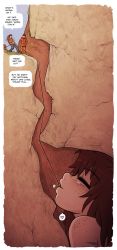 1girl 3boys bare_shoulders blush brown_hair english_text closed_eyes felarya garnet_(felarya) giant giantess highres karbo multiple_boys rope underground vore
