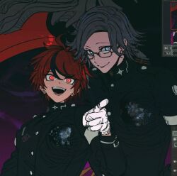 aotsuki_eito black_hair black_shirt blue_eyes closed_mouth crazy_eyes crazy_smile glasses gloves grey_hair hair_between_eyes holding holding_scythe holding_weapon last_defense_academy_school_uniform long_sleeves looking_at_viewer multicolored_hair open_mouth pabitelsafe3 possessed possession purple_background red_eyes red_hair scythe shirt simple_background smile sumino_takumi takumi-g_(hundred_line) teeth the_hundred_line_-last_defense_academy- tongue unfinished weapon white_gloves