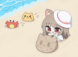 &gt;_&lt; 1girl ai-chan_(misskey.io) animal_ear_fluff animal_ears animated animated_gif beach blob_(google) blush bracelet brown_hair cat cat_ears cat_girl chibi crab dress jewelry misskey.io ocean open_mouth outdoors red_eyes sitting umihio white_dress