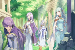 4girls animal aqua_dress aqua_hair bare_shoulders bear bird breasts cape cleavage cloak commission deirdre_(fire_emblem) detached_sleeves dress fire_emblem fire_emblem_heroes forest gold_trim grey_hair highres jewelry julia_(fire_emblem) long_hair long_sleeves medium_breasts mother_and_daughter multiple_girls mytea_(soso) nature ninian_(fire_emblem) nintendo outdoors porcupine purple_cape purple_cloak purple_dress purple_eyes purple_hair rabbit red_eyes ruins skeb_commission sleeveless sleeveless_dress small_breasts sophia_(fire_emblem) tree very_long_hair white_dress wide_sleeves
