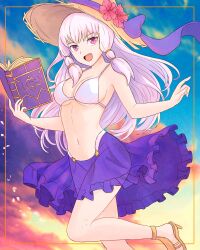 1girl :d absurdres bikini book fire_emblem fire_emblem:_three_houses hat high_heel_sandals highres holding holding_book long_hair lysithea_von_ordelia lysithea_von_ordelia_(timeskip) nintendo open_book open_mouth pink_eyes purple_skirt sandals see-through_clothes see-through_skirt skirt smile solo straw_hat swimsuit truejekart white_bikini white_hair