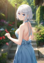 Rule 34 | 1girl, absurdres, alternate costume, bare shoulders, blue dress, blue eyes, breasts, closed mouth, date a live, day, dress, earrings, expressionless, garden, hair ornament, highres, jewelry, kepico, looking at viewer, medium breasts, outdoors, plant, potted plant, short hair, solo, stairs, stone stairs, stud earrings, tobiichi origami, tree, white hair
