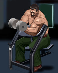 1boy belt black_hair brown_footwear capcom concentrating dark_background dumbbell exercising closed_eyes facial_hair facing_viewer final_fight green_pants highres indoors male_focus manly mike_haggar muscular mustache old old_man pants sitting taka_(takahirokun) topless_male veins weightlifting