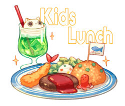 cat commentary_request cup drinking_glass drinking_straw flag food food_focus food_name hamburger_steak ketchup lettuce melon_soda no_humans okosama_lunch original plate rice shrimp shrimp_tempura simple_background sparkle suzaku_(zaku6584) tempura white_background
