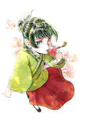 1girl chinese_clothes dated flower flower_in_mouth freckles full_body green_eyes green_hair green_hanfu hanfu highres kusuriya_no_hitorigoto long_hair looking_at_viewer maomao_(kusuriya_no_hitorigoto) solo yoakedori914moz