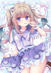 1girl blue_hair blush bow breasts brown_hair closed_mouth collarbone colored_inner_hair frills hair_bow hair_ornament hair_ribbon highres long_hair looking_at_viewer medium_breasts multicolored_hair original purple_skirt ribbon shirt shoes short_sleeves skirt socks solo twintails white_socks yukimura_usagi