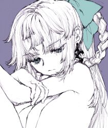 1girl blue_bow blue_eyes bow braid braided_hair_rings earrings fate/grand_order fate/samurai_remnant fate_(series) hair_bow hair_rings half-closed_eyes half_updo jewelry long_hair looking_down mul1062363 purple_background simple_background solo spot_color tearing_up upper_body yui_shousetsu_(fate)