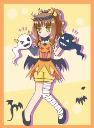 1girl bandaged_leg bandages bat_(animal) brown_hair full_body ghost gloves green_eyes halloween halloween_costume hand_puppet horns looking_at_viewer one_eye_closed original ponytail puppet reverse_(bluefencer) shorts smile solo standing wings