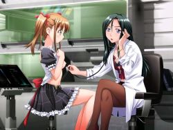 2girls breasts clothes_lift doctor examination medical_examination multiple_girls nipples no_bra nylons shirt_lift sitting stethoscope