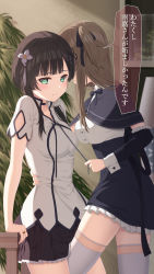 2girls assault_lily black_hair blush breasts brown_hair chinese_clothes collar commentary_request embarrassed flower green_eyes hair_flower hair_ornament hair_ribbon hand_on_table highres indoors jewelry kuo_shenlin large_breasts leg_between_thighs long_hair medium_breasts multiple_girls nuenue plant ribbon ring school_uniform skirt string_pull table thighhighs torso_grab translation_request wang_yujia yuri