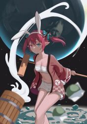 1girl absurdres alternate_costume black_horns blue_eyes bow breasts bucket chest_sarashi cleavage demon_girl demon_horns earth_(planet) food hachimaki hair_bow headband highres holding hololive hololive_english horns irys_(hololive) japanese_clothes kine mallet milk mitsudomoe_(shape) mochi mochitsuki moon mortar_(bowl) planet pointy_ears red_eyes sarashi shift_(shiftillust) shorts small_breasts space thighs tomoe_(symbol) twintails universe virtual_youtuber white_shorts wooden_bucket