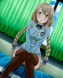 bed bed_sheet between_legs blue_jacket bow bowtie braid brown_hair brown_thighhighs chika_(princess_connect!) chika_(real)_(princess_connect!) curtains green_bow green_bowtie grey_skirt hair_between_eyes hair_bow hand_between_legs highres indoors jacket knees_together_feet_apart kokeshi_ningen long_hair long_sleeves low_twin_braids on_bed pleated_skirt princess_connect! school_emblem school_uniform sidelocks sitting skirt striped_clothes striped_thighhighs thighhighs twin_braids vertical-striped_clothes vertical-striped_thighhighs window yellow_eyes