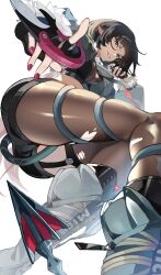 1girl absurdres animal_ears black_hair black_pantyhose boots commentary from_below green_boots green_eyes green_jacket high-waist_shorts highres jacket jane_doe_(zenless_zone_zero) mouse_ears mouse_girl mouse_tail pantyhose red_nails sharp_tail shinakou@skeb short_hair shorts smile solo tail torn_clothes torn_pantyhose white_background zenless_zone_zero