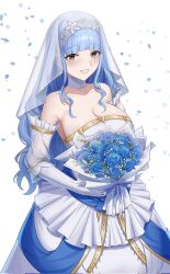 1girl alternate_costume bare_shoulders blue_flower blue_hair blush breasts bridal_gauntlets bridal_veil bride brown_eyes choker cleavage commentary dress elbow_gloves english_commentary fire_emblem fire_emblem:_three_houses fire_emblem_warriors:_three_hopes flower gloves hairband highres holding holding_flower kyogree large_breasts long_hair looking_at_viewer marianne_von_edmund nintendo official_alternate_hairstyle open_mouth simple_background smile solo veil wedding_dress white_choker white_dress white_gloves