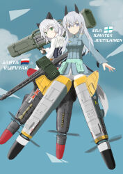 2girls 501st_joint_fighter_wing absurdres animal_ears cat_ears cat_girl cat_tail character_name cloud eila_ilmatar_juutilainen flying fox_ears fox_girl fox_tail green_eyes grey_hair gun highres long_hair machine_gun mg42 military military_uniform multiple_girls pantyhose purple_eyes rocket_launcher sanya_v._litvyak short_hair sky smile strike_witches striker_unit tail turkeysand_(fernandear_504) weapon white_hair world_witches_series